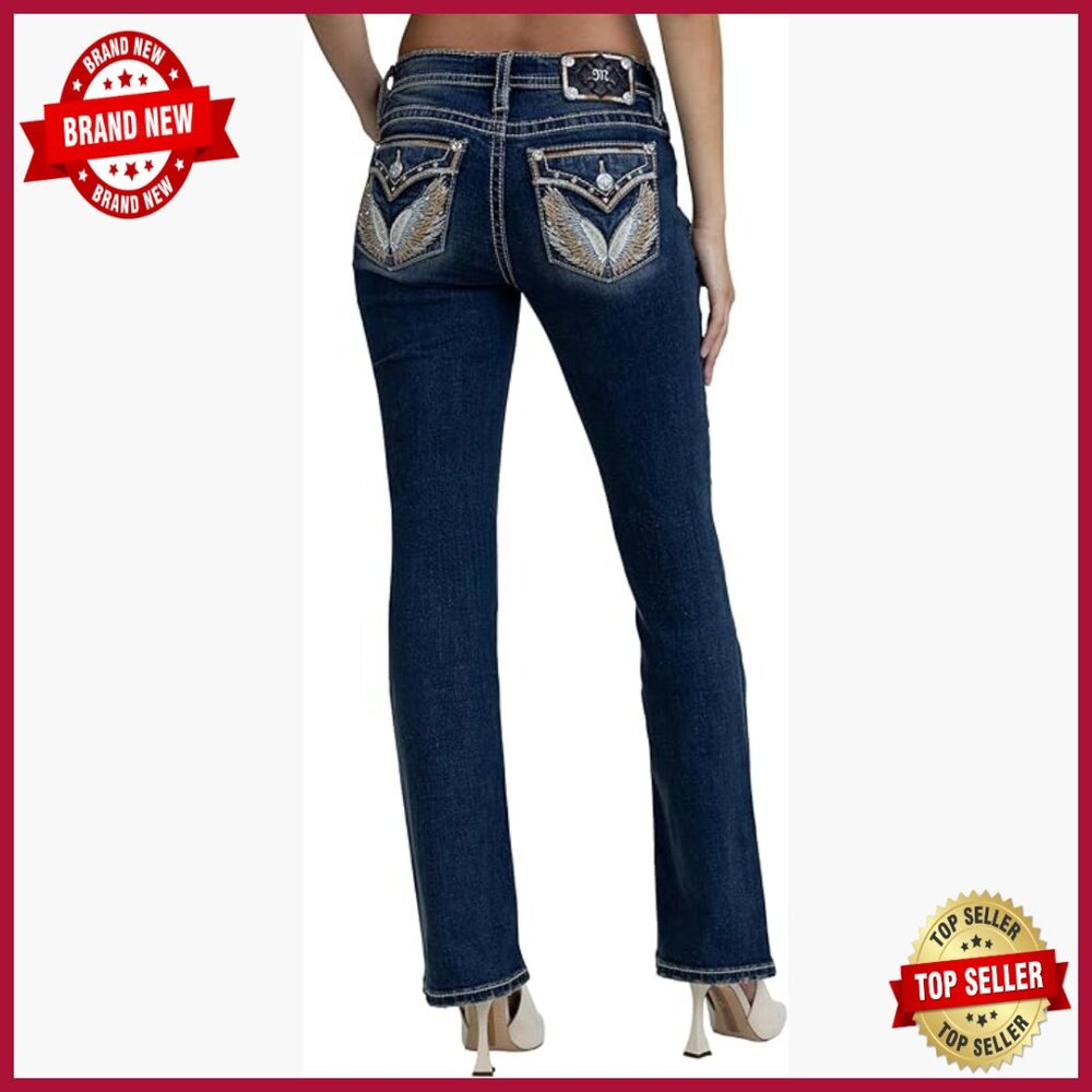 Mid-Rise Bootcut Jeans With Embroidered Wing Pockets And Rhinestones